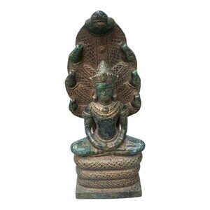 Cambodian Bronze Naga Buddha: Saturday's Serpent Guardian Dhayan Mudra 10" Vtg
